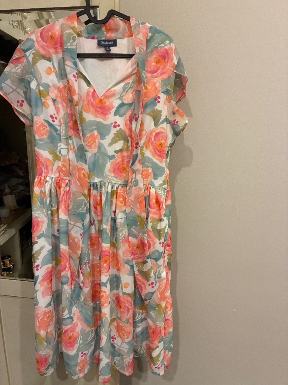 Floral Midi Dress | Coral & Blue Watercolor Print